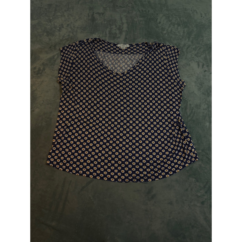 Liz Claiborne Woman 1X Top Navy Blue Yellow Geometric V-Neck Rayon Blouse